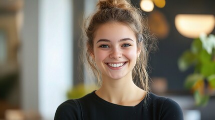 Poster - Cheerful Young Woman Smiling in Bright Setting