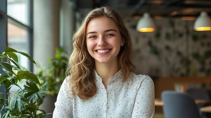 Wall Mural - Joyful Woman Smiling in Bright Indoor Space