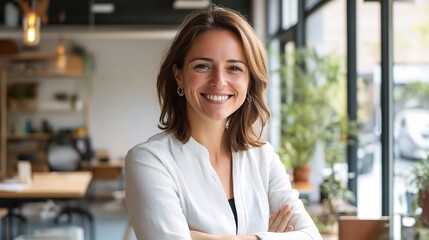 Canvas Print - Confident Woman Smiling in Modern Cafe Setting