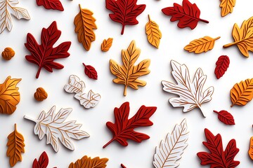 Aufkleber - Minimal autumn leaves icon, featuring simple outlines of maple and oak leaves in shades of gold, red, and orange, scattered over a clean white background