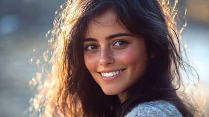 Wall Mural - Natural Smile of a Young Woman in Soft Light