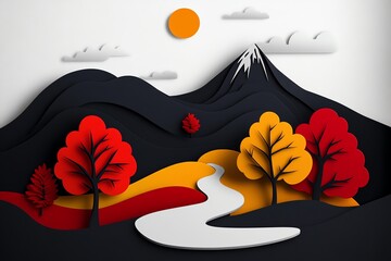 Poster - Minimal autumn trail design, showing a winding path through trees represented by abstract shapes in red, orange, and yellow, leading toward a distant peak
