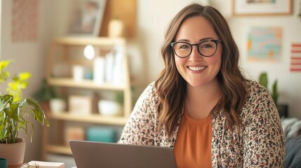 Poster - Smiling Woman in Modern Workspace with Laptop