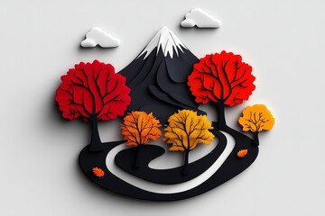 Poster - Minimal autumn trail design, showing a winding path through trees represented by abstract shapes in red, orange, and yellow, leading toward a distant peak