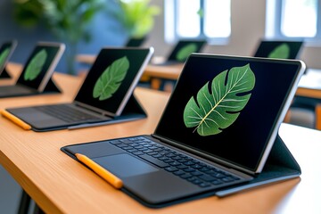Poster - minimal classroom layout with tablets and laptops on desks, showing a clean, simple depiction of dig