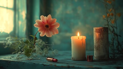 Poster - A single pink flower, a lit candle, and a lipstick rest on a rustic wooden table with a blue wall in the background.