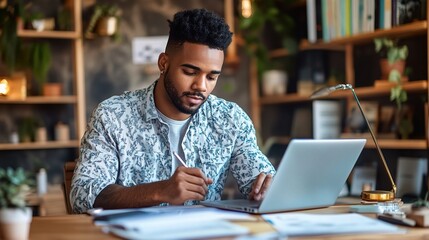 Wall Mural - Focused Young Man Working at Modern Workspace