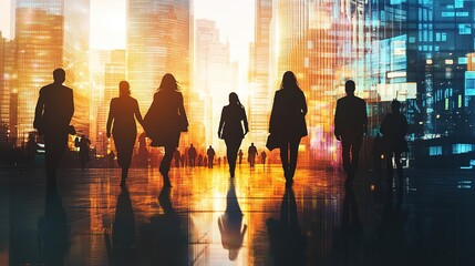 Poster - Silhouettes of Business People in Urban Setting at Sunset