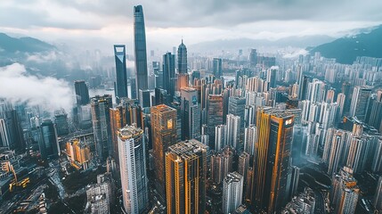 Canvas Print - Aerial View of Skyscrapers Under Dramatic Sky