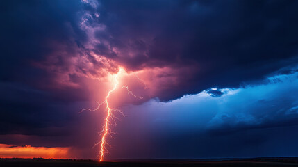 Wall Mural - A vivid lightning bolt pierces a dramatic sky with vibrant hues of pink, purple, and blue during a nighttime thunderstorm over an open landscape.