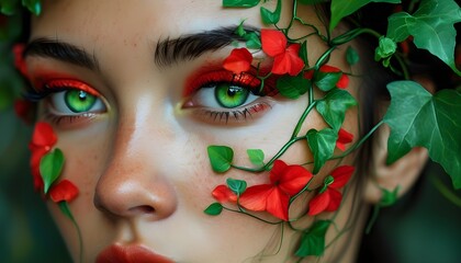 Enchanting close-up of a woman’s green eyes adorned with vibrant red makeup, set against a backdrop of lush green flora and delicate vines