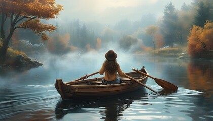 Wall Mural - Misty Fantasy: Whimsical Girl in Rowboat Surrounded by Grungy Noise Texture and Ethereal Fog