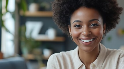 Wall Mural - Joyful Woman Smiling in Bright Indoor Environment