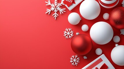 A red background with white and red balls and snowflakes