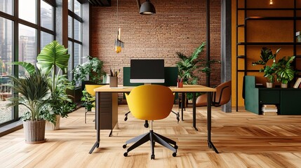 Modern Office Space with Greenery and Warm Decor