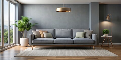 Modern living room with a sleek grey sofa, modern, living room, sofa, interior, contemporary, design, comfortable, stylish