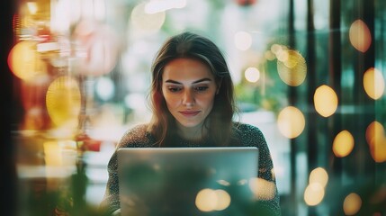 Sticker - Woman Working on Laptop in Cozy Cafe Setting