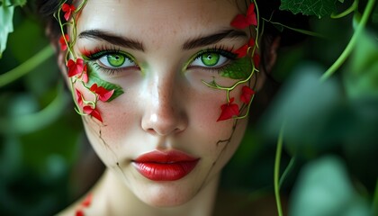 Enchanting close-up of a woman’s green eyes adorned with vibrant red makeup, set against a backdrop of lush green flora and delicate vines