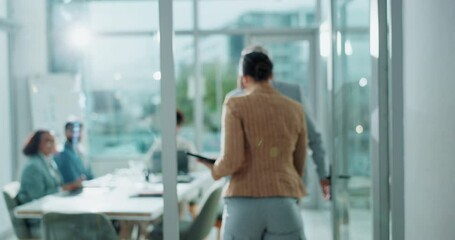 Aufkleber - Business people, woman and presentation in meeting, tablet and planning with opportunity, share idea and opinion. Group, employees and coworkers with options, feedback for project and review progress