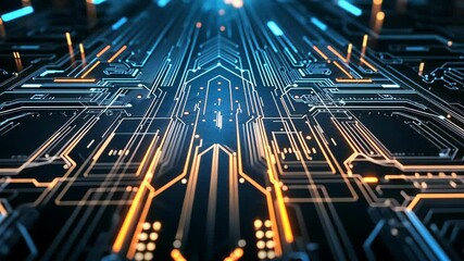 A close-up view of a circuit board with glowing blue and orange lines