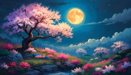 Moonlit Blossoms: An Enchanted Nightscape of Floral Splendor under a Full Moon