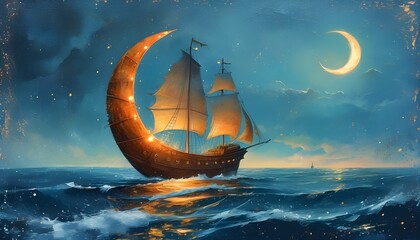 Wall Mural - Whimsical Fantasy Art: Sailing Boat in Ocean Under Crescent Moon with Grungy Noise Texture