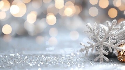 A snowflake sits on a table with a glittery background