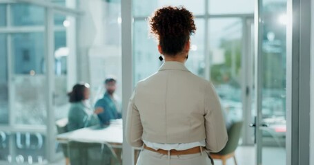 Poster - Woman, tablet and reading notes for meeting with ideas, planning or presentation with colleagues in boardroom. Person, digital touchscreen and writing with checklist, proposal or pitch in office