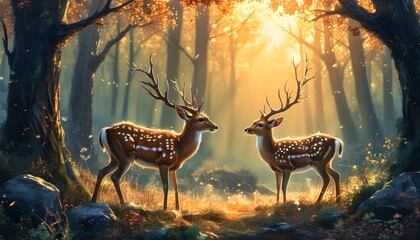 Wall Mural - Whimsical Fantasy Forest with Grungy Noise Texture, Morning Sunlight Illuminating Two Deer in a Contemporary Dreamlike Scene