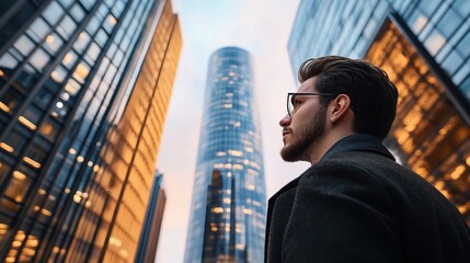 Poster - Man gazing at modern buildings in urban environment