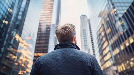 Canvas Print - Man Looking Up at Skyscrapers in Cityscape