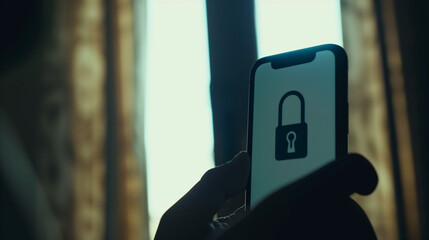 Close-up of smartphone screen with privacy lock icon and hand partially covering it, highlighting the significance of phone security and personal data protection