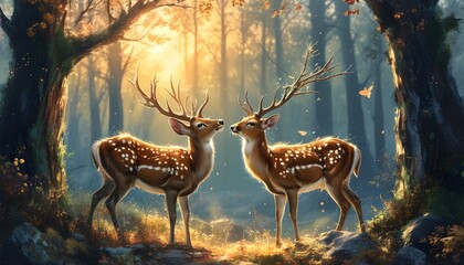 Wall Mural - Whimsical Fantasy Forest with Grungy Noise Texture, Morning Sunlight Illuminating Two Deer in a Contemporary Dreamlike Scene