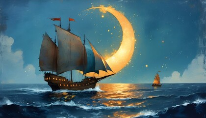 Wall Mural - Whimsical Fantasy Art: Sailing Boat in Ocean Under Crescent Moon with Grungy Noise Texture