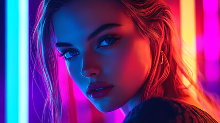 Wall Mural - A beautiful young woman in retro style and colorful bright neon lights, generative ai. Retro Illustration