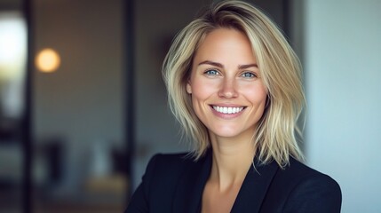 Canvas Print - Professional Woman Smiling in Modern Office Setting