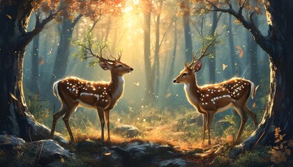 Wall Mural - Whimsical Fantasy Forest with Grungy Noise Texture, Morning Sunlight Illuminating Two Deer in a Contemporary Dreamlike Scene