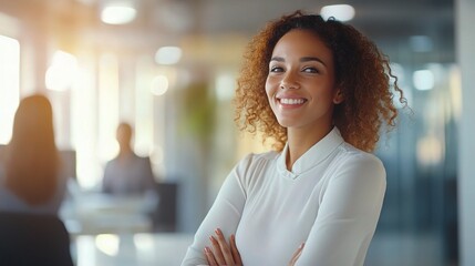 Poster - Confident woman smiling in modern office setting