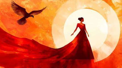 Wall Mural - A dynamic art deco illustration showing a woman in a fiery red dress with a phoenix flying overhead, symbolizing rebirth and strength. Kinetic Art. Illustration