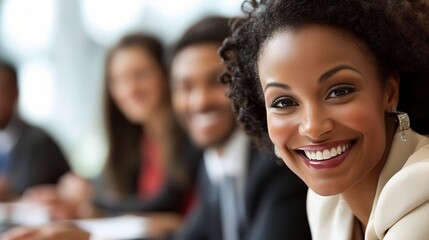 Poster - Professional Woman Smiling in Modern Office Setting