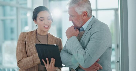 Poster - Office, consulting and business people with tablet in discussion for investment, review and update. Corporate, manager and woman with tech in conversation for finance news, expense and budget report