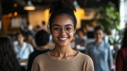 Canvas Print - Cheerful Young Woman in Modern Office Setting