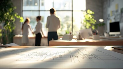 Poster - Modern Office with Plans and Collaborating Professionals