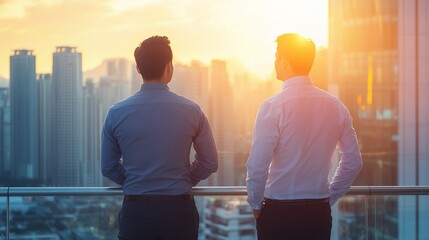 Poster - Businessmen Enjoying Sunset Over Cityscape