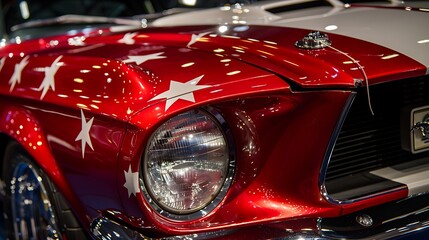 Close-up of the headlight of a red vintage car