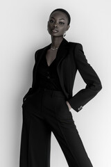 Elegant young African woman in a stylish black suit poses confidently against a minimalistic white background.