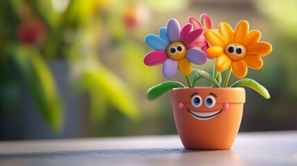 Smiling flower pot with colorful flowers.