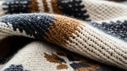 Poster - A knitted blanket with a pattern of brown, white, and blue