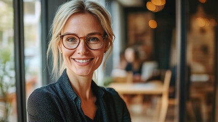 Sticker - Smiling Woman with Glasses in Cozy Cafe Setting