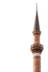 A tall, brown conical minaret with a crescent moon at the top against a clear, white background.